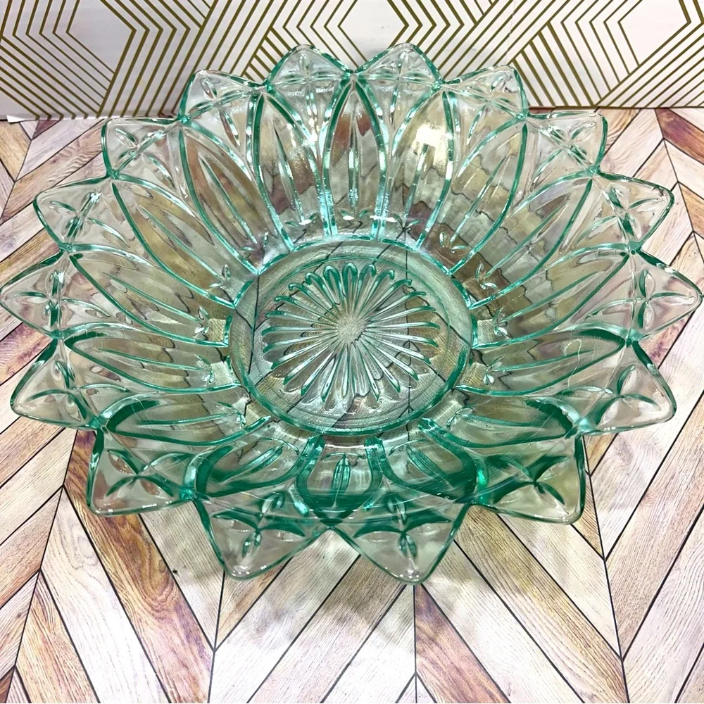 Vintage Federal Glass Bowl Starburst Carnival Blue/Green Petal Cross 10.25